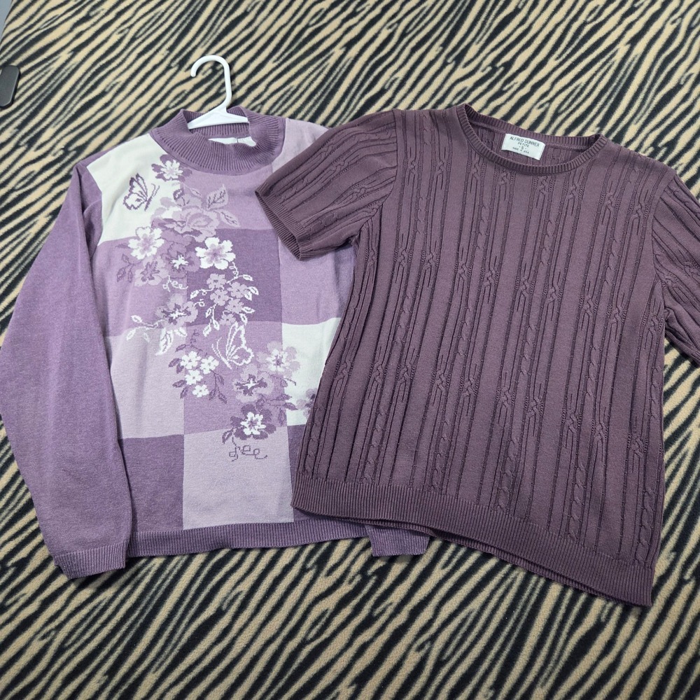 2 Vintage Alfred Dunner Purple Sweaters Floral Butterfly Cable Knit Made in USA